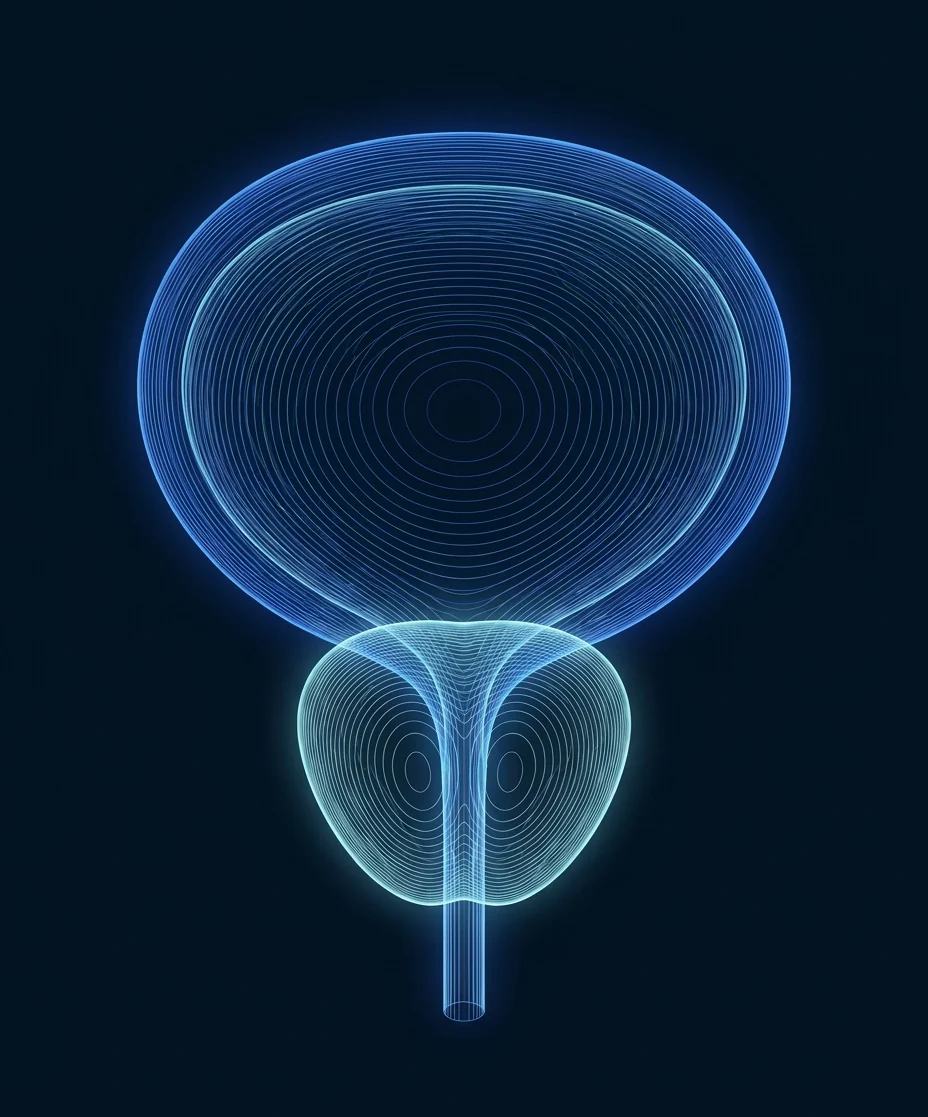 A contour-line rendering of the bladder and prostate in cobalt light