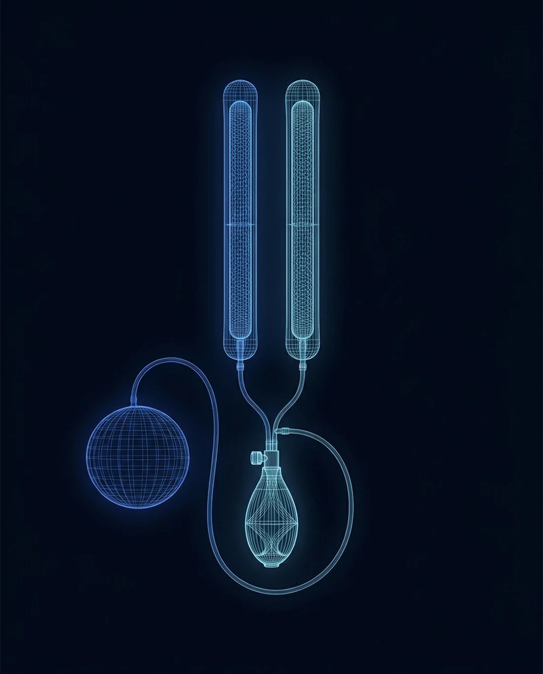 An engineering wireframe rendering of an inflatable penile prosthesis with cylinders, pump, and reservoir