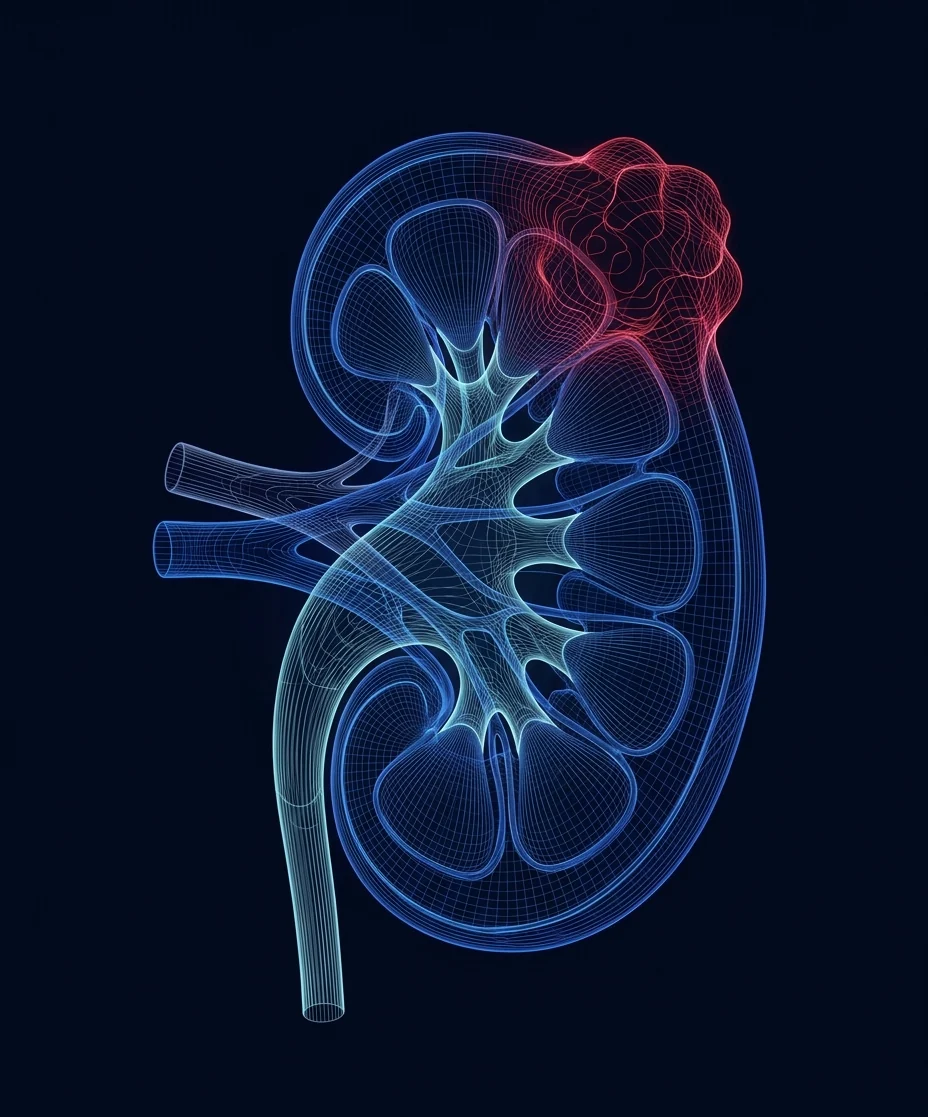 A contour-line rendering of a kidney with a small exophytic tumor