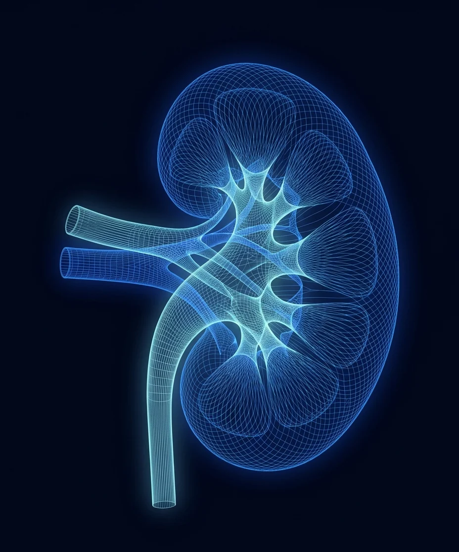 A fine contour-line rendering of a human kidney in cobalt light