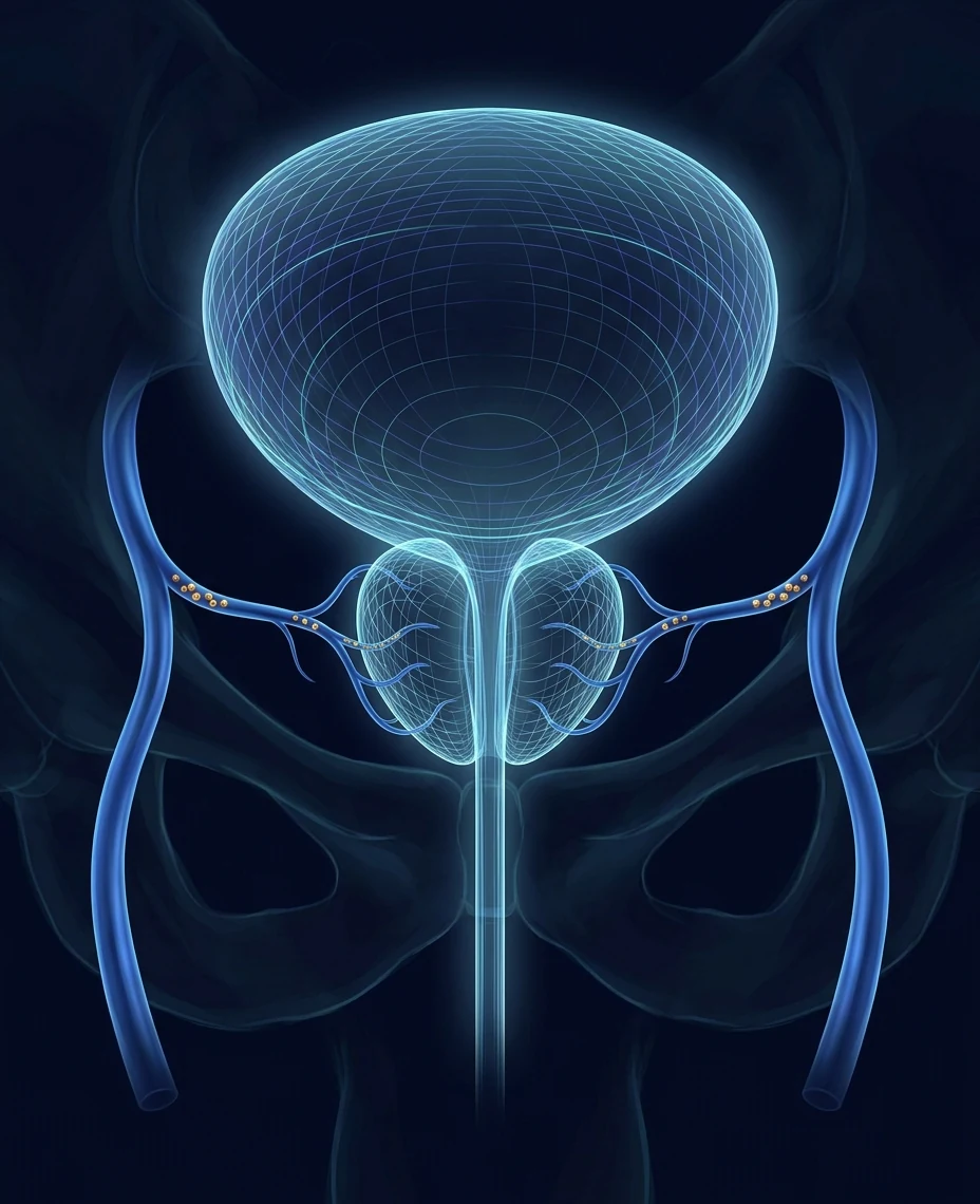 An anatomical rendering of the bladder and prostate with the prostatic arteries carrying microsphere beads