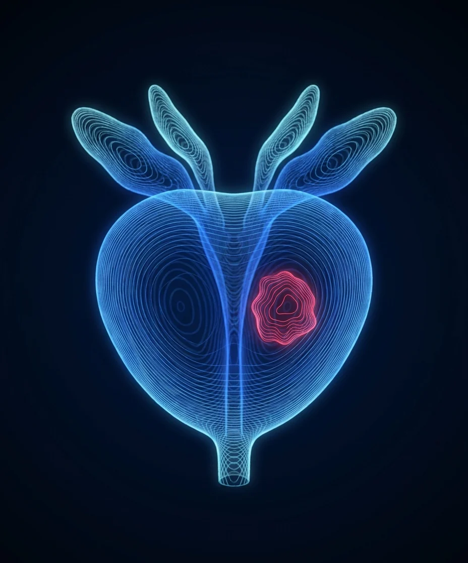 A contour-line rendering of the prostate with a small tumor highlighted