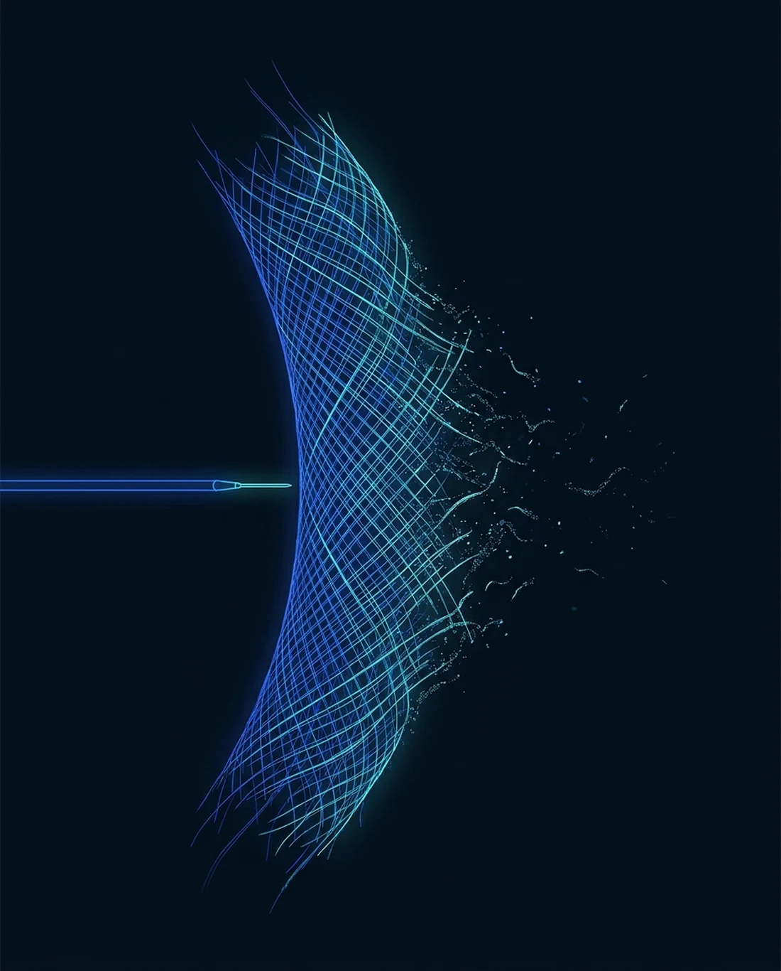 A wireframe rendering of fibrous scar tissue dissolving near a fine injection needle