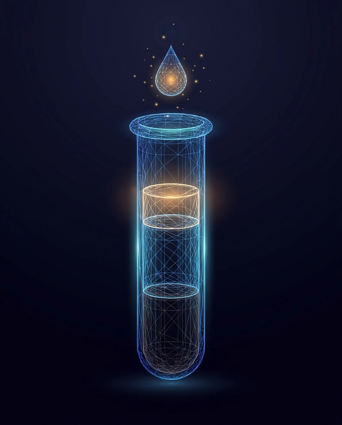 A wireframe rendering of a test tube of separated blood with a glowing platelet-rich plasma layer
