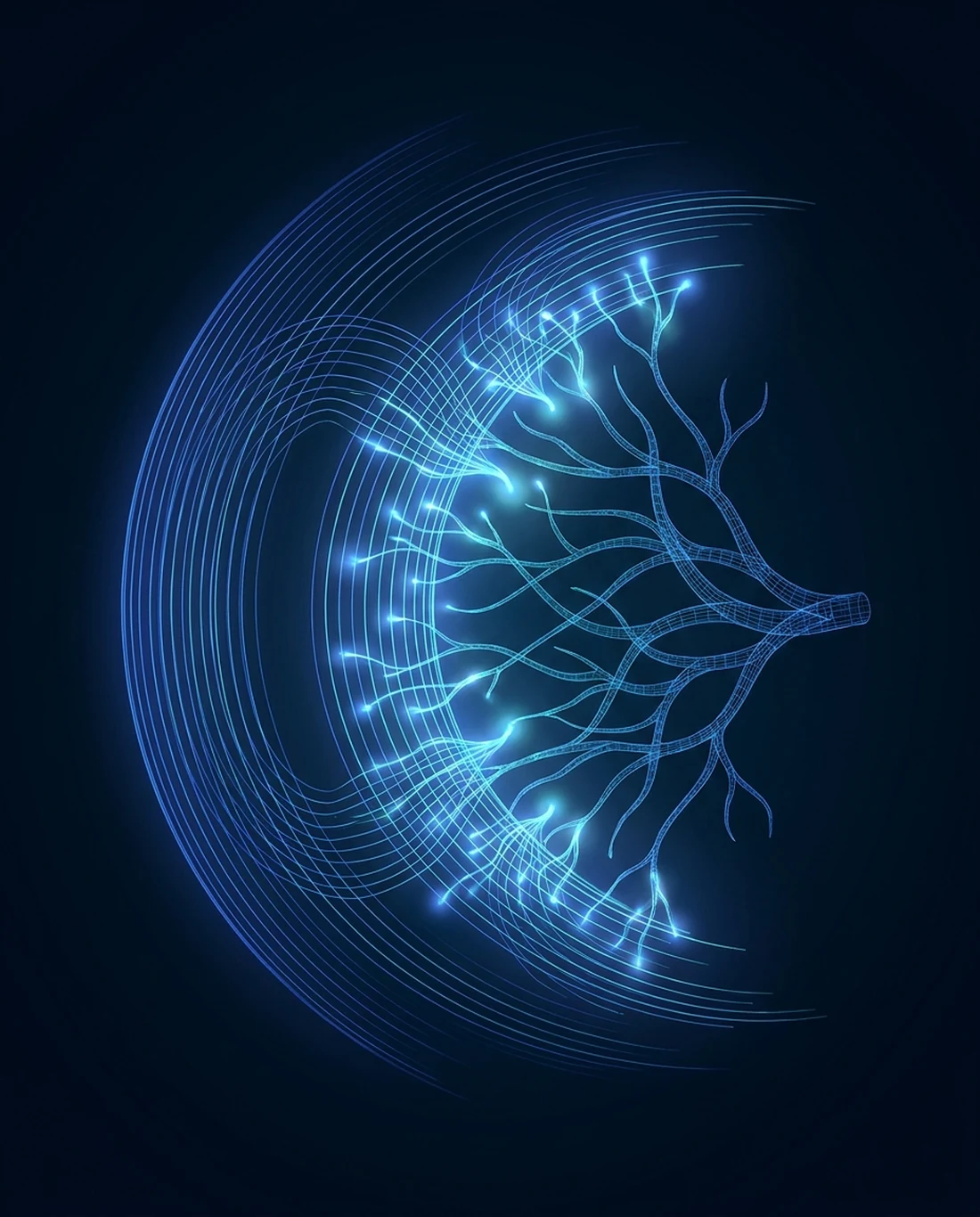 A wireframe rendering of focused acoustic waves stimulating new blood vessel growth