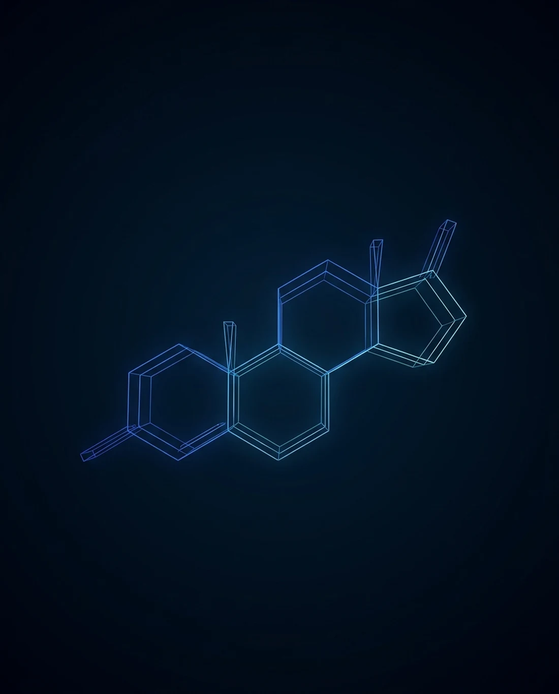 A wireframe rendering of the testosterone molecule's fused ring structure