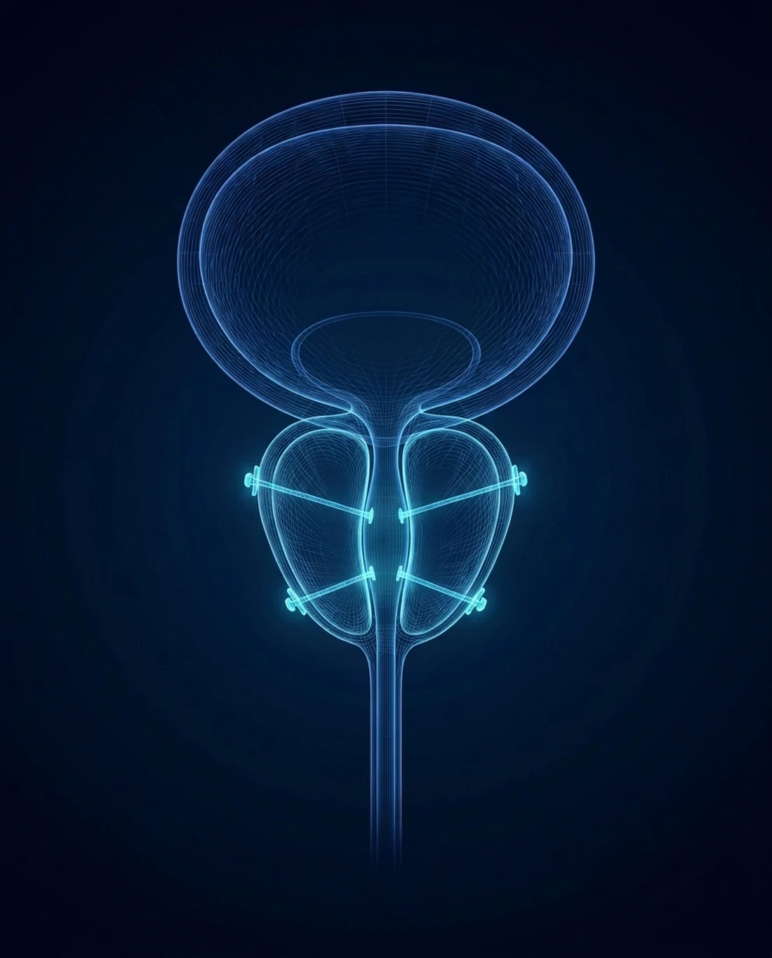 A contour-line rendering of the bladder and prostate with four UroLift implants holding the prostate lobes open
