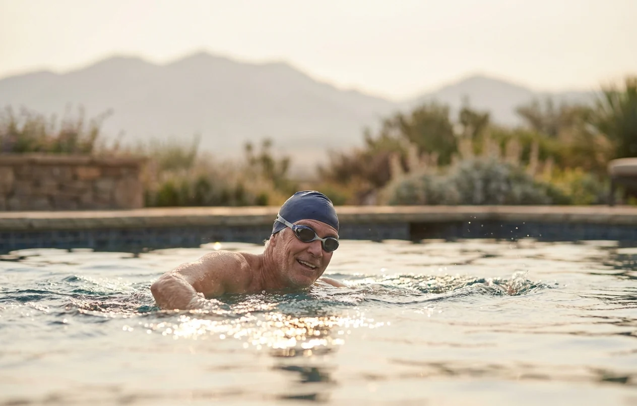 A man swimming relaxed morning laps in an outdoor pool