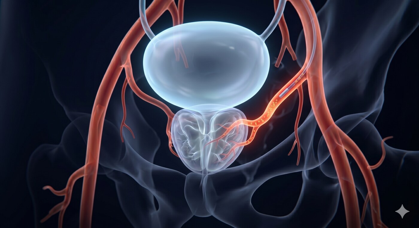 3D medical illustration showing bladder, prostate, and catheter delivering microspheres during PAE procedure